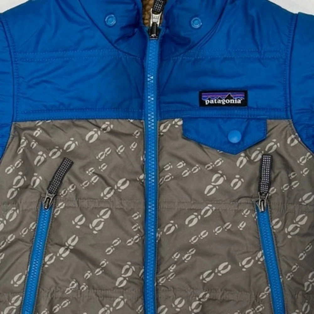 Patagonia Reversible Tribbles Hooded Jacket‎ Blue Grey Tan Fleece Toddler 2T